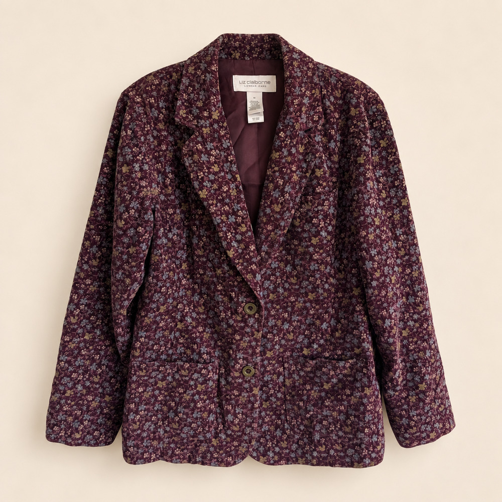 Liz Claiborne Lizwear Floral Corduroy Blazer Burgundy Fine Wale Cotton M